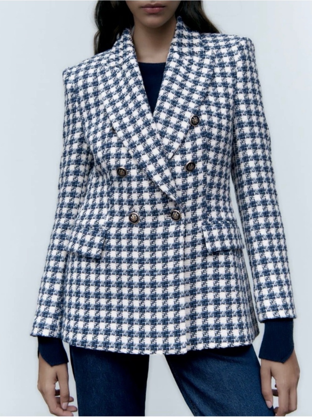ZARA WOMEN NEW TEXTURED HOUNDSTOOTH JACKET BLUE 7553/114 XS